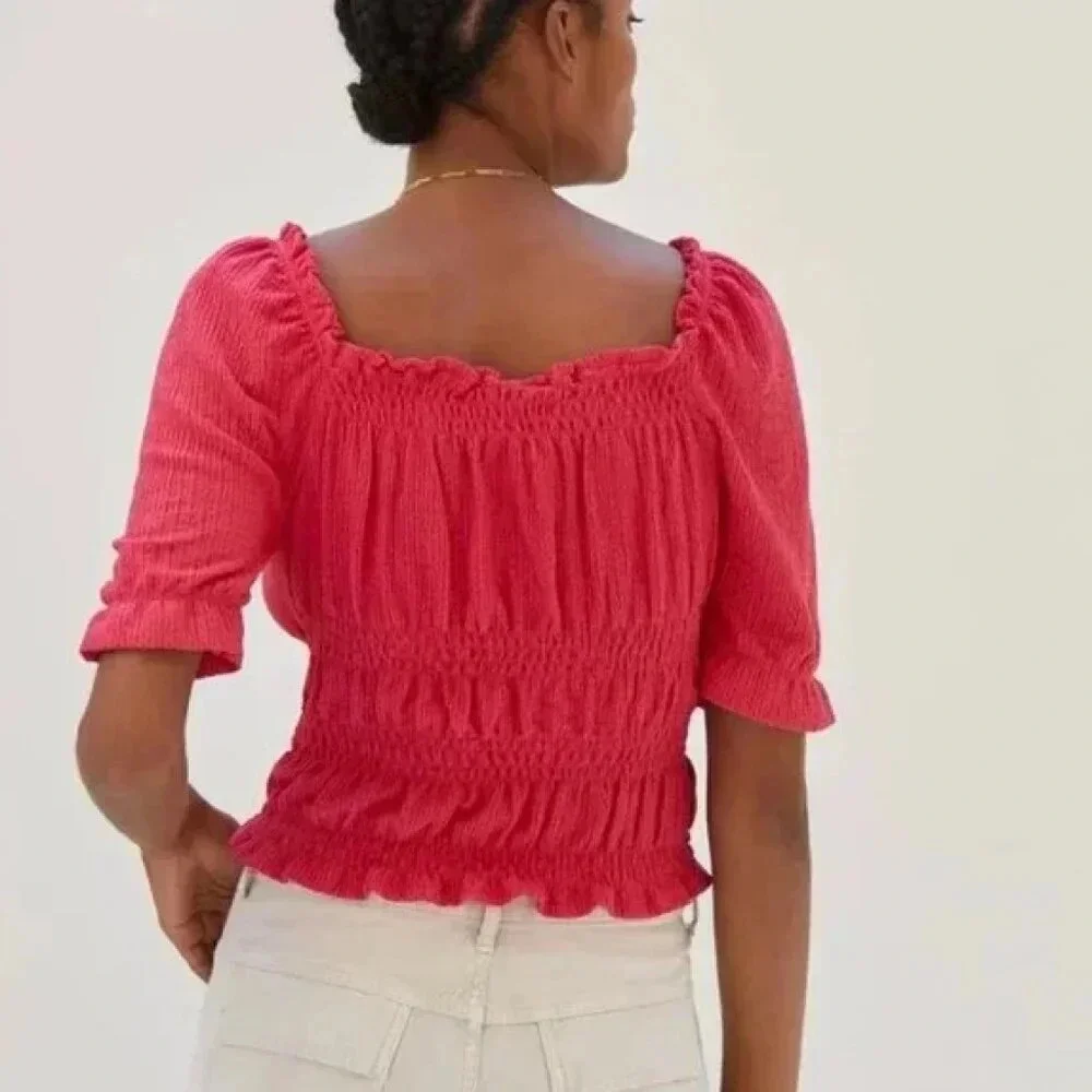 Anthropologie Pilcro | Puff-Sleeved Cinched Waist Top in Rose/Tyrie - Size XL